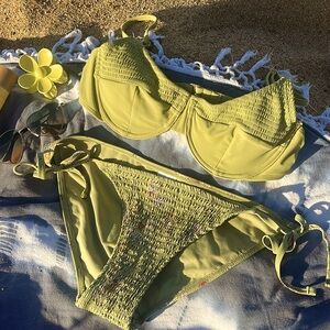 Xhilaration | Smocked Linen Safari Green + Floral Bikini
